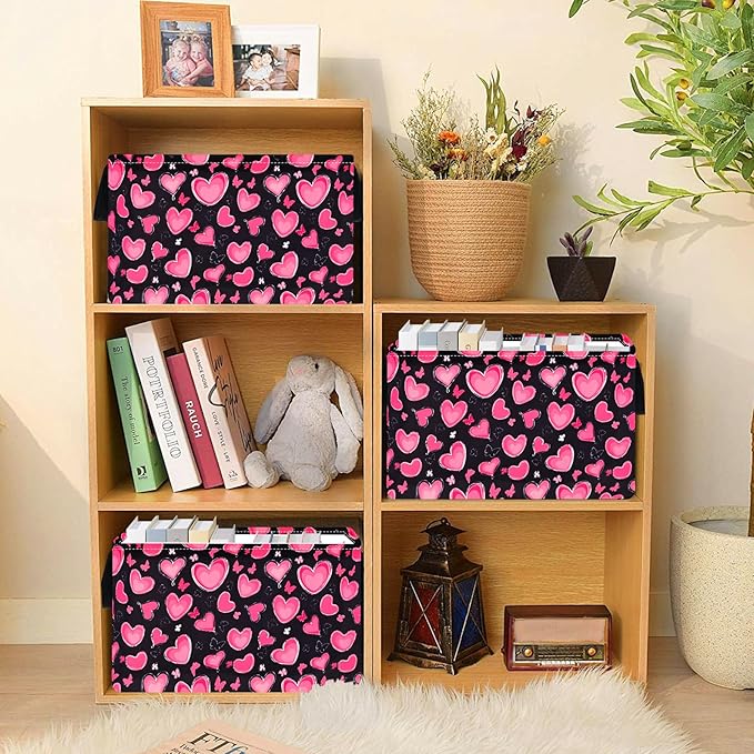 Empty Gift Basket for Girls Heart Print Storage Cube for Women, Closet Shelf Waterproof Organizer Bins with Handles Nursery hamper Kids Toys Books Box Room Deco