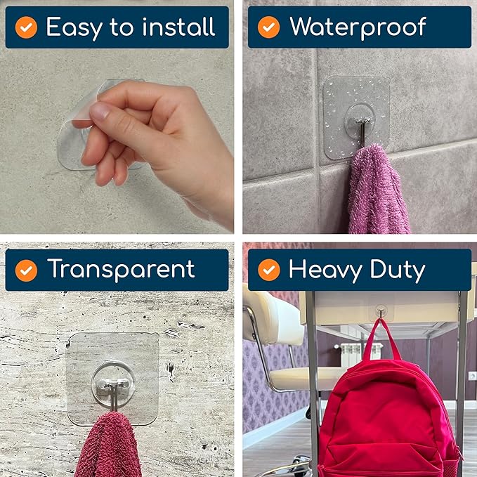 GLUIT Adhesive Wall Hooks for Hanging Heavy Duty 22 lbs Hooks for Walls No Damage, Towel Sticky Clear Hooks, Waterproof, Home, Bathroom, Kitchen, Office, and Outdoor 20 Pack