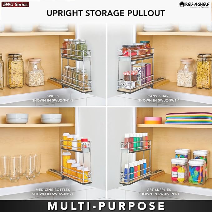 Rev-A-Shelf 9" Pullout Organizer for Cabinets, Single-Tier & Single-Wide Upright Sliding Storage for Kitchen Shelf, 5WU1-5W1-1