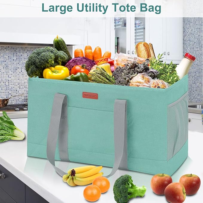 WONDAY Utility Tote, Extra Large Utility Tote Bag, Reusable Grocery Bags Foldable, Large Tote Bag With Handles Shopping Bags for Groceries, Picnic, Beach, Laundry (Green)