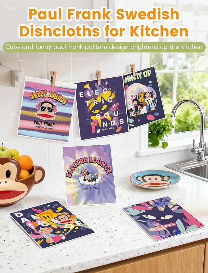 Paul Frank Swedish Dishcloths for Kitchen, 6 Pack Funny Swedish Dish Cloths Reusable Paper Towels, Super Absorbent Dish Cloths Washable Non-Scratch for Home Kitchen, Cellulose Sponge Cloths No Odor
