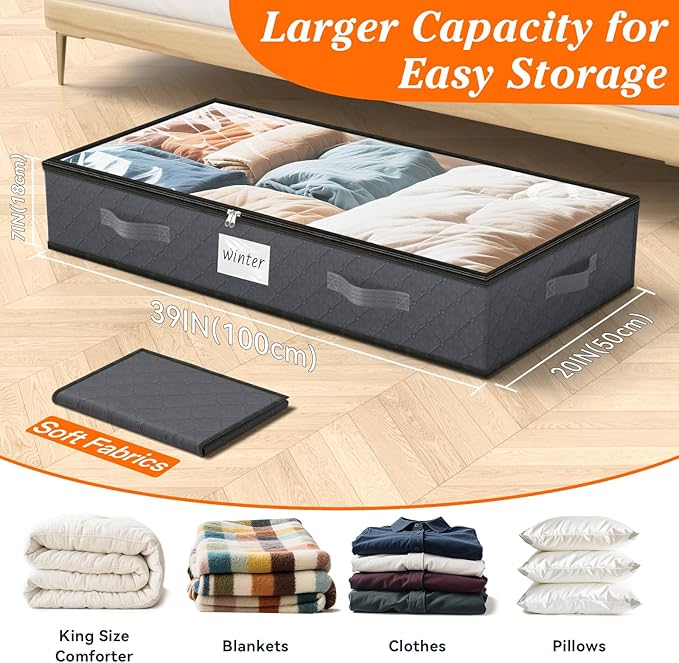 SpaceWhisper 90L Under Bed Storage Containers, 6-Pack Storage Bins with Clear Top, Foldable Closet Organizers and Storage with Label Holder for Clothing, Blankets, Comforter & Pillows (Grey)