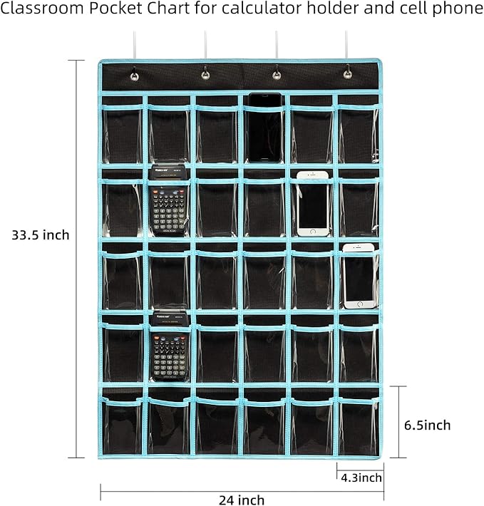 KEEPJOY Classroom Pocket Chart Organizer,Cell Phones Calculator Holder for Classroom with 30 Clear Pockets and Number Sticker Size 33.5x 24.5 Inch (2pack-black)