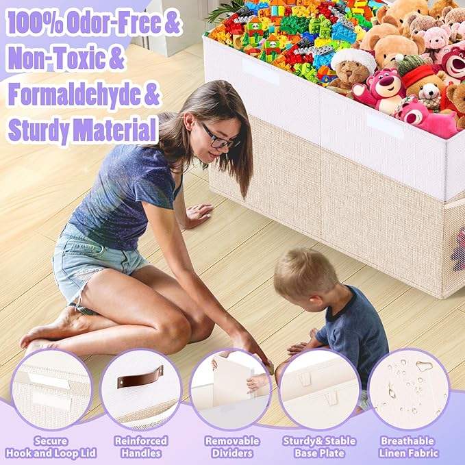 Large Toy Storage Box with Lid Divider, Sturdy Collapsible Toys Organizer Chest Kids Storage Bins Boxes Baskets for Boys, Girls, Nursery, Bedroom, Living Room, Playroom, 25"x13"x16", Beige and White