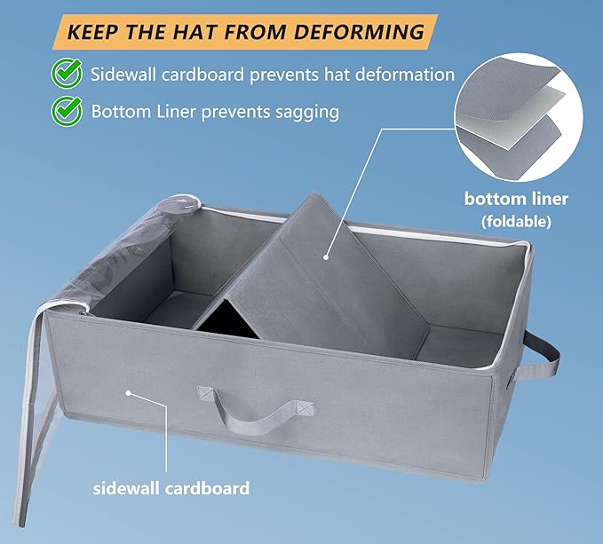 AOODA Large Hat Storage Box for Baseball Caps, Holds Up to 50 Caps Wide Hat Organizer for Closet with Cardboard, Under Bed Snapback Holder, Grey