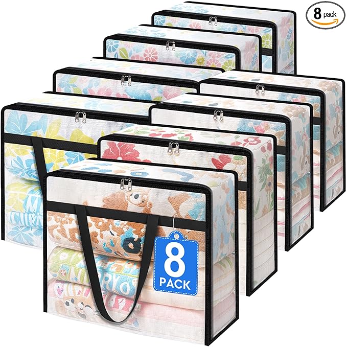 8 Pack Clear Storage Bags for Comforter, Clothes & Bedding, Plastic Blanket Storage with Zipper and Handle, Moving Bags, Closet Organizer and Under-Bed Storage (90L)