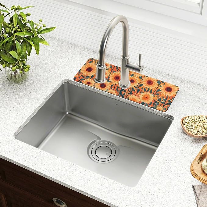 Kitchen Sink Splash Guard 2 PCS 14.7 Inch Sink Faucet Mat Splash Guard for Bathroom Countertop Water Absorbent Foldable Cuttable Soft Washable Orange Sunflowers and Poppy Flowers