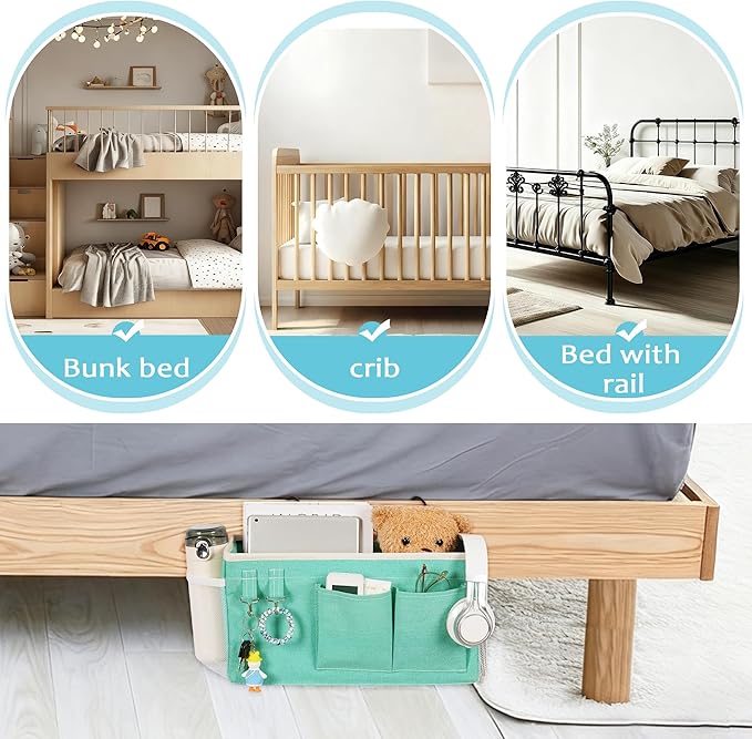 Loghot Bedside Caddy/Bedside Storage Bag Hanging Organizer for Bunk and Hospital Beds,Dorm Rooms Bed Rails,Can be Placed Glasses,Books,Mobile Phones,Keys (2pc Green)