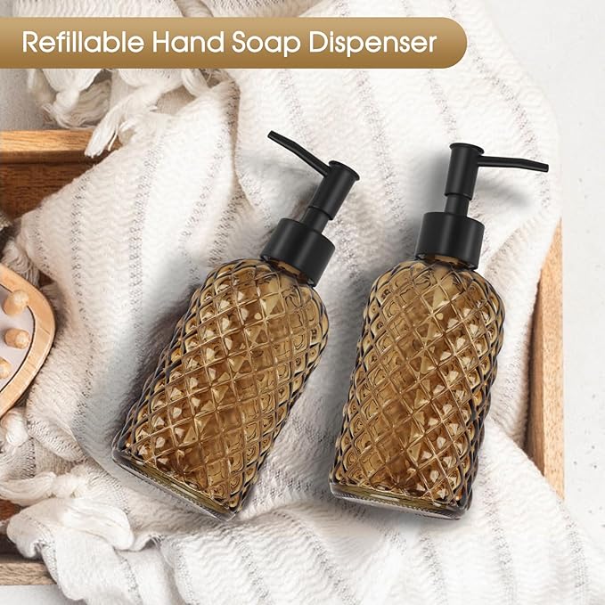 2 Pack Gem Glass Soap Dispenser with Black Plastic Pump, 13oz Liquid Hand Soap Dispenser, Rustproof Pump for Kitchen & Bathroom, Great for Lotions, Essential Oil, Liquid Soaps-Amber