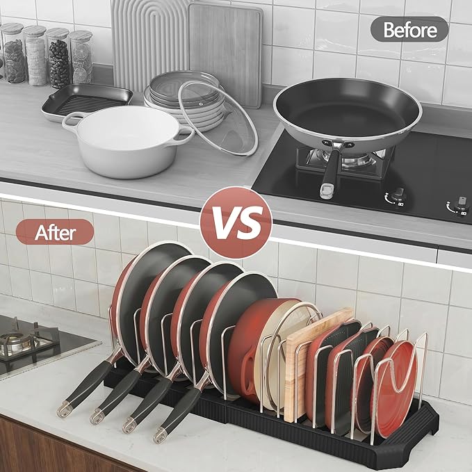 Pots and Pans Organizer for under Cabinet, Pan Pot Organizers inside Cabinet, Expandable Organizer with 12 Adjustable Dividers for Cookie Sheets, Cutting Boards, Pot Lids, Cookware - Pan Rack, Black