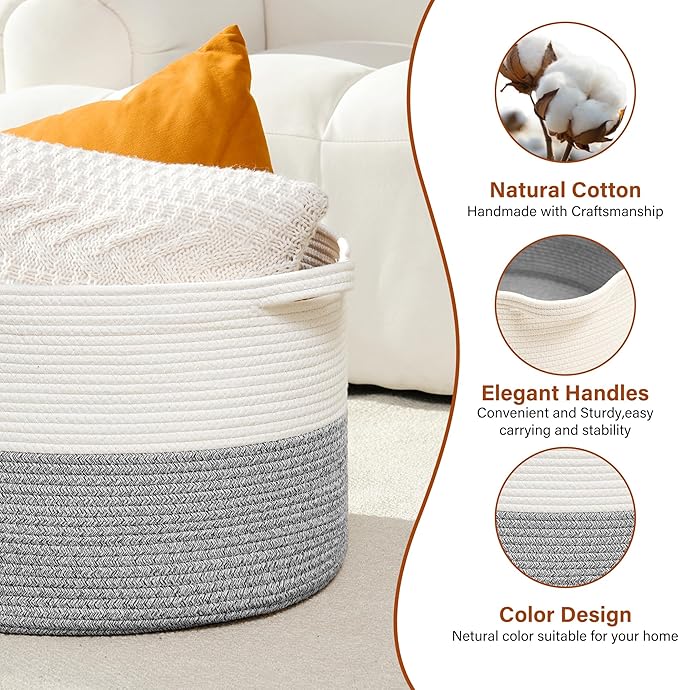 Foldable Laundry Hamper Basket with Collapsible Handle Cotton Rope Soft Woven Fabric Storage Organizer Clothes Toys Nursery Bedroom Dorm Space Saving Bin (White & Light Grey, 115L(23.6"D x 15.7"H))
