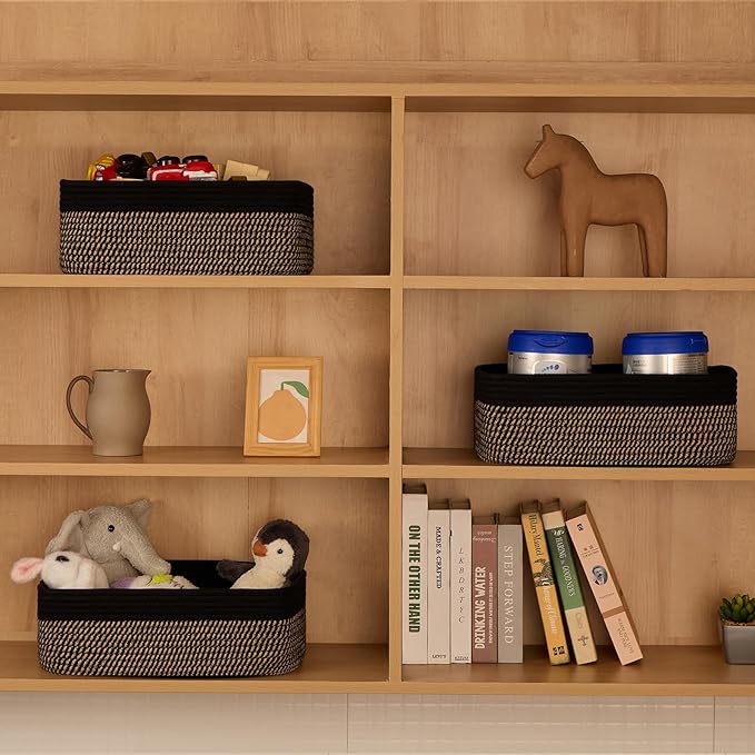 Large Shallow Organizing Baskets 15x11x5.1 Inches - Rope Woven Storage Bins for Bathroom, Shelves, Cube Closet, Black Woven Brown 3 Packs