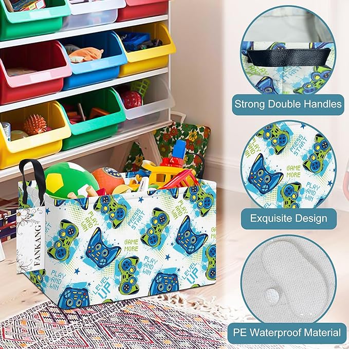 FANKANG Storage Bins,Nursery Hamper Canvas Laundry Basket Foldable with Waterproof PE Coating Storage Baskets for Boys and Girls, Office, Bedroom, Clothes,Toys(Rec-Game ）