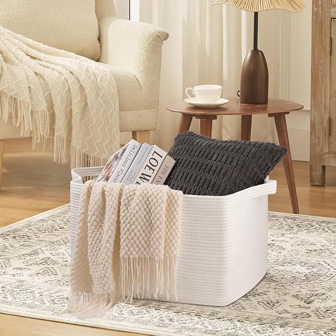 95L Extra Large Blanket Basket, 24" x 16.9" x 14.2" Woven Storage Basket for Living Room, Rectangle Nursery Blanket Storage for Toys, Towels, Dirty Clothes (White)