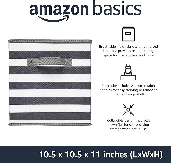 Amazon Basics Cube Organizer Storage Bins Handles,Collapsible Fabric,,10.5"x10.5"x11",White/ Light Grey Stripe,6 Count (Pack of 5)