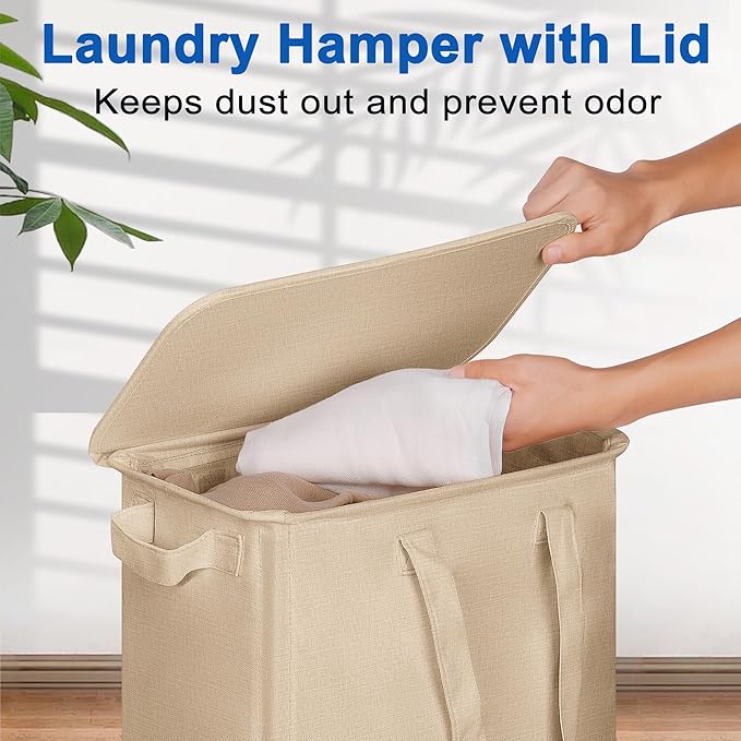 Slim Laundry Hamper with Lid and Wheels, Small Rolling Laundry Basket with Handle for Small Spaces, Tall Dirty Clothes Hampers for Dorm, Bathroom and Bedroom, 55L, Oatmeal