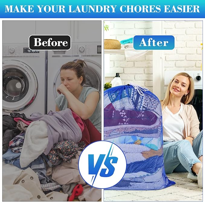 Windyun Mesh Laundry Bag, 9 Pcs 30" x 40" Heavy Duty Large Mesh Laundry Bags Drawstring Lockable Laundry Hamper Liner Machine Washable Bag for Travel Dorm Home College Storage Apartment (Blue)