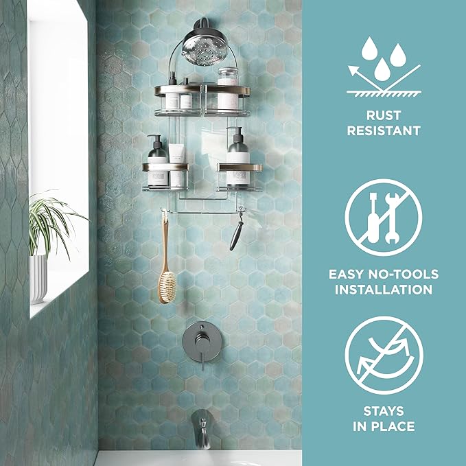 Zenna Home Expanding Shower Caddy, Rust-Resistant, Chrome with Brushed Accents