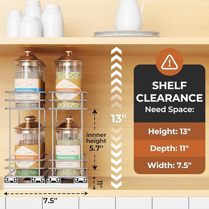 Pull Out Spice Rack Organizer for Cabinet, Slide Out Spice Racks, Easy to Install, 7.08" Wx10.43 Dx8.26 H, 2 Drawers 2 Tiers(Silver)