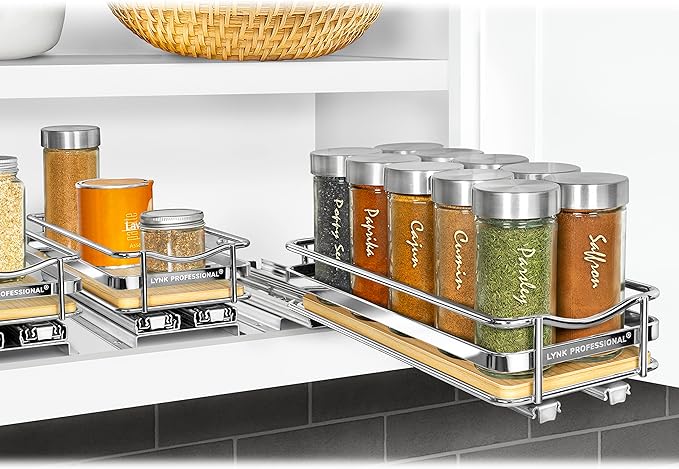 LYNK PROFESSIONAL® Élite™ Pull Out Spice Rack Organizer for Inside Kitchen Cabinets - 4-3/8 inch Wide - Slide Out Drawer – Wood/Chrome Sliding Spice Organization for cabinet - Spice Racks - 1 Tier