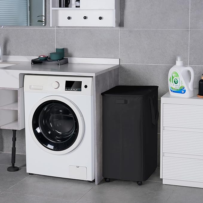 Slim Laundry Hamper with Lid and Wheels, Small Rolling Laundry Basket with Handle for Small Spaces, Tall Dirty Clothes Hampers for Dorm, Bathroom and Bedroom, 95L Black