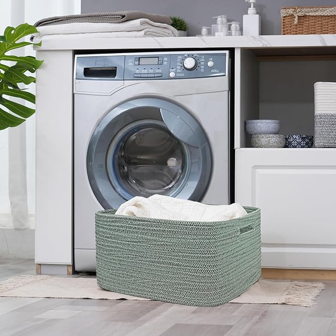 COMFY-HOMI 3 pcs Large Storage Baskets for Shelves, Laundry Basket, Woven Rope Basket, Closet Organizer Bins for Clothes Blanket Towels, Baby Nursery, Gift Toy Baskets, 17” x 13” x 7.5”-Green