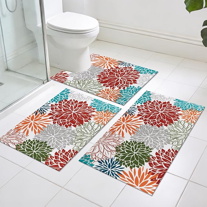 Vaukki Bathroom Rug Set 3 Piece, Non Slip Absorbent Rubber Backed Floral Bath Floor Mat Fit Under Door, Ultra Thin Quick Drying Bath Rug for Shower, Tub and Toilet, 17"x26"+17"x32"+17"x24"U, Red