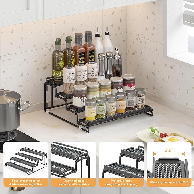 4 Tier Spice Rack Organizer for Cabinet - Black (2 Pack) | Spice Holder Shelf with Protection Railing for Inside Cabinets, Countertop, Pantry Storage & Seasoning Organization