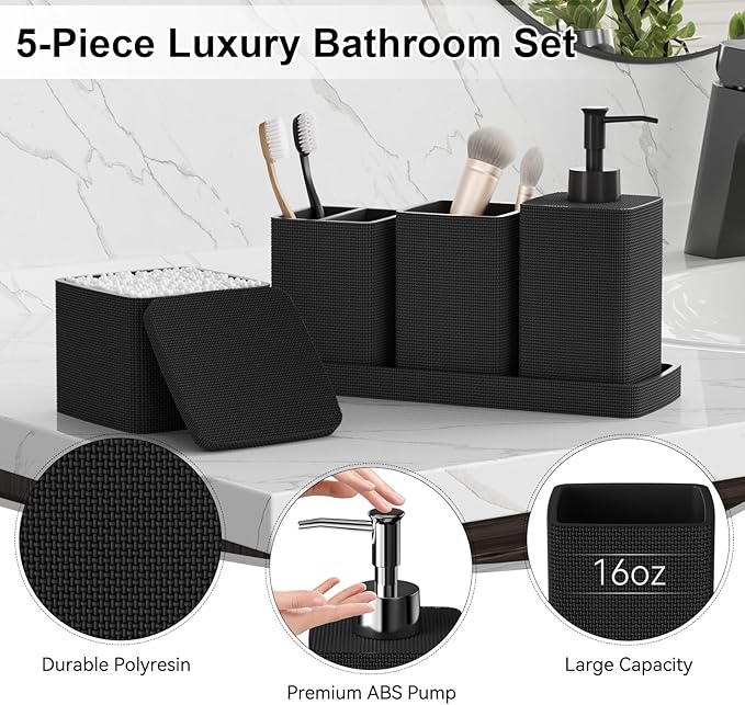 Matte Black Bathroom Accessories Set 5 Pieces, Resin Toothbrush Holders Set Complete with Soap Dispenser, Toothbrush Holder, Vanity Tray, Bathroom Tumbler and Qtip Holder for Small Spaces