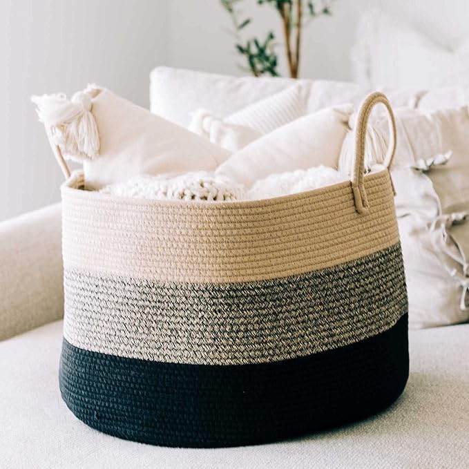 OrganiHaus Large Woven Storage Basket for Blankets and Toys 20" x 13" Inch, Rope Laundry Basket with Handles, Cushions & Pillows Storage Bin, Nursery Hamper, Soft Round Dog Toy Bin - Brown/Black