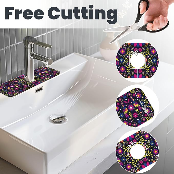 3Pcs Mexican Floral and Bird Dish Drying Mat & Kitchen Sink Splash Guard Faucet Mat For Kitchen Counter Absorbent Microfiber Dishes Pad Dish Drainer Rack Mats Fast Dry Kitchen Accessories