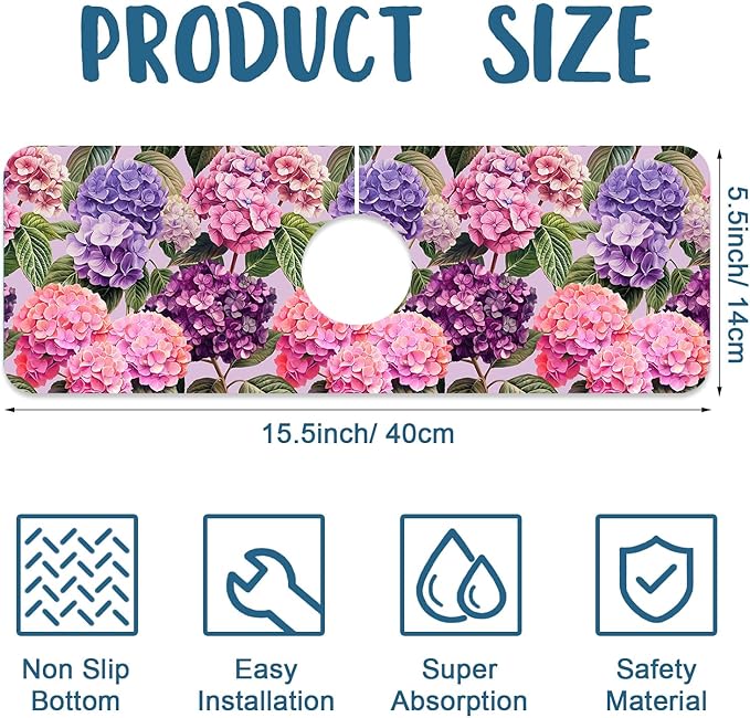 Colorful Hydrangea Sink Splash Guard Faucet Mat Purple Pink Hydrangea Super Absorbent Fast Drying Mat Sink Gadgets-Splash Guard Behind Faucet Drip Catcher for Kitchen Bathroom, 15.5"x5.5"
