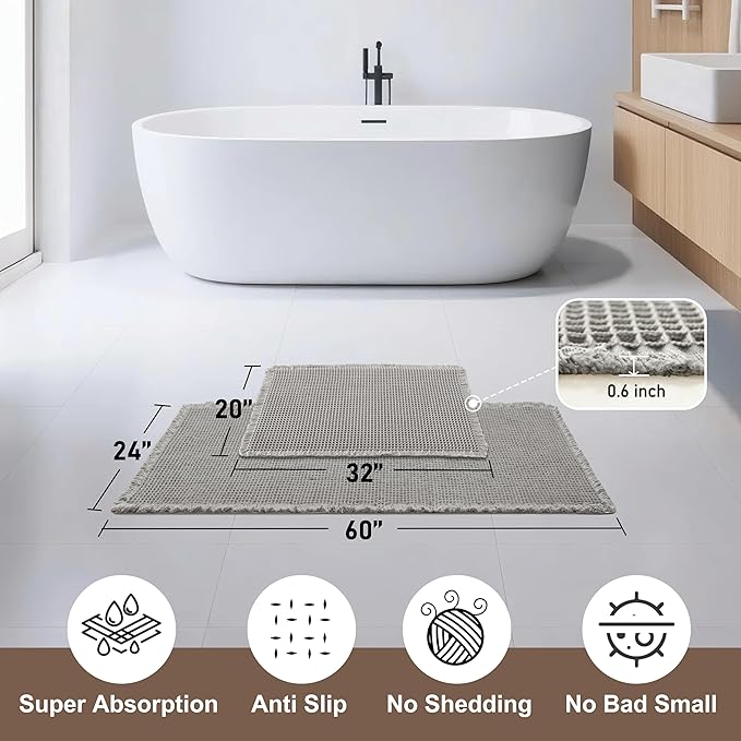 JIUZHEN Set of 2 Waffle Bath Mats Non Slip Waffle Bathroom Runner Rug Washable Boho Runner Bath Rugs Super Absorbent Shower Mat for Bathroom Kitchen Hallway Laundry, 20" x 32" +24" x 60", Grey