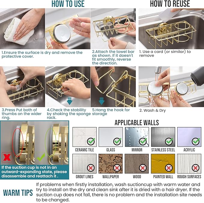 TAILI 4-in-1 Sponge Holder for Kitchen Sink with Strong Suction Cup Removable, Rustproof Stainless Steel Sink Caddy for Sponge, Brush, Scrubber, Scraper -Gold