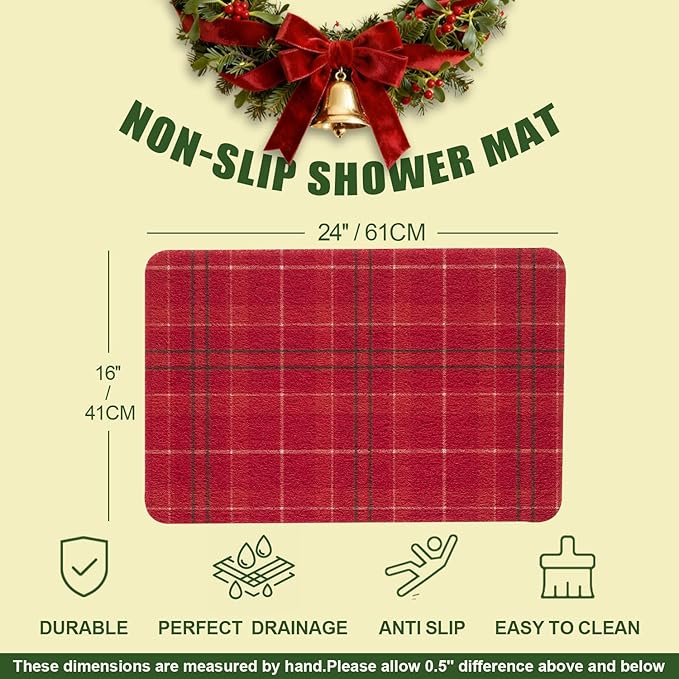 Hargiis Christmas Non-Slip Bathtub Mat, Anti Slip Shower Mat, Fast Drying Bathtub Mats, Foot Scrubber Mat, Anti Slip Mat for Tub, Floor, Bathroom, Kitchen, Home, Hotel (Holiday Plaid, 24"x16")