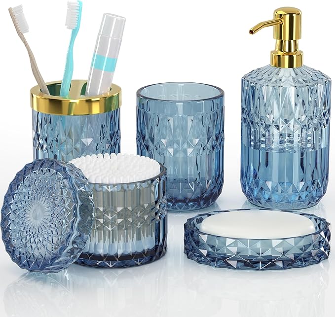 Blue Bathroom Accessories 5 Pcs, Glass Bathroom Accessory Set, Vintage Blue Bathroom Set, Soap Dispenser and Toothbrush Holder Set, Qtip Holder, Bathroom Sets Complete, Modern Bathroom Decor