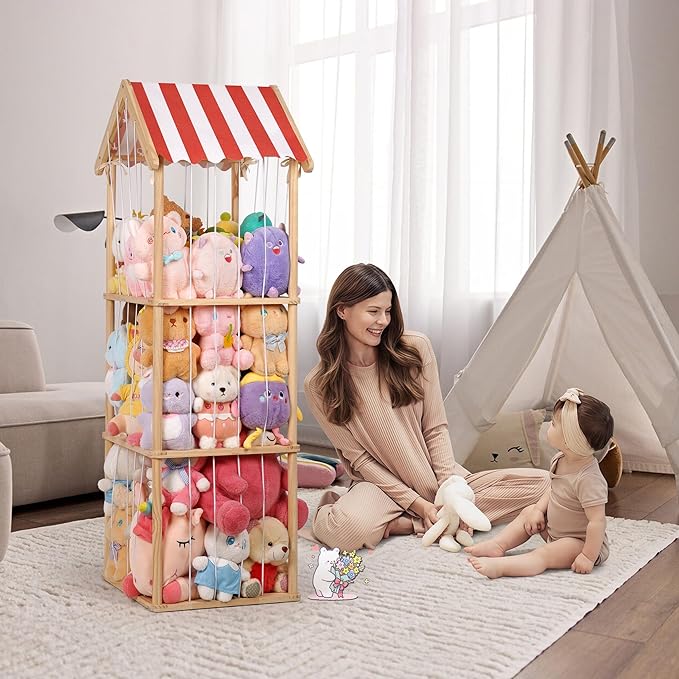 Stuffed Animal Storage, Space Saving Vertical Stuffed Animal Holder Wood, Easy Assembly Cottage-Style Plush Toys Organizer for Kids Bedroom & Playroom (Wood, Large)