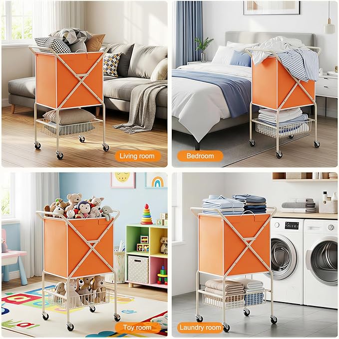 Convenient Laundry Basket with Wheels,36" High Easy Rolling Laundry Cart with Wheels,Heavy Duty Dirty Clothes Laundry Hamper with Handles Removable Bag for Seniors,Folding Metal Frame/Orange/98L