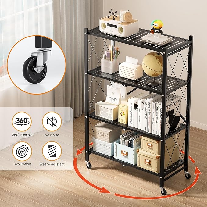 HealSmart 4-Tier Heavy Duty Foldable Metal Rack Storage Shelving Unit with Wheels Moving Easily Organizer Shelves Great for Garage Kitchen Holds up to 1000 lbs Capacity, Black,2 Pack