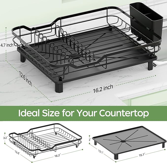 ROTTOGOON Dish Drying Rack, Stainless Steel Rustproof Dish Rack for Kitchen Counter, Sturdy Dish Drainer with Drainboard, Drainage, Utensil Holder for Various Kitchenware, 16.2"(L) x 12.6"(W), Black
