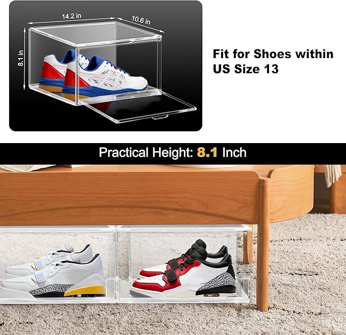 1 Pack Plastic Shoe Storage Boxes Fit US Size 13, Clear Stackable Shoe Display Case with Acrylic Magnetic Side Door, Shoe Containers for Sneaker Storage, Hats, Figure, Collectible, Book, Clothes