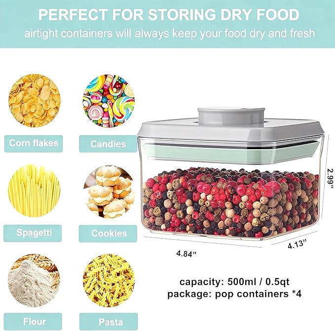 Airtight Food Storage Container Pop Containers With Lids, Bpa Free for Spaghetti Cereal Flour Rice Kitchen Organizer (500ml / 0.5qt *4)