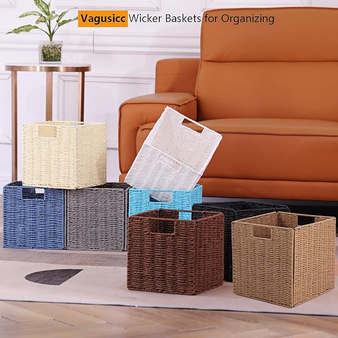 Vagusicc Wicker Storage Basket, Set of 2 Hand-Woven Storage Baskets for Shelves with Handles, Foldable Cube Storage Baskets Bins Organizer, 9 inch Wicker Baskets for Pantry Bedroom Decor, Beige