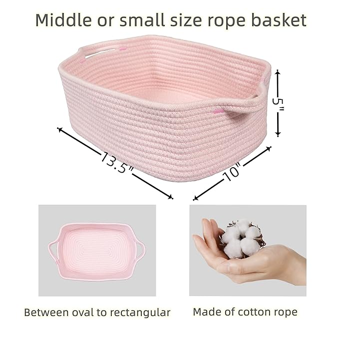 Woven Cotton Rope Storage Basket with Handles for Organizing Shelves Closet Small Cat Dog Pet Toy Baskets Box Bin Decorative Rectangle Baby Nursery basket Gift Basket Empty Light pink