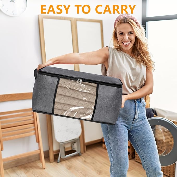 6 Pack Clothes Storage Bags with Zipper, Foldable Blanket Storage Box with Clear Window Reinforced Handles for Closet, Dorm, Pillows, Bedding, Sheet, Comforter, 45L Gray