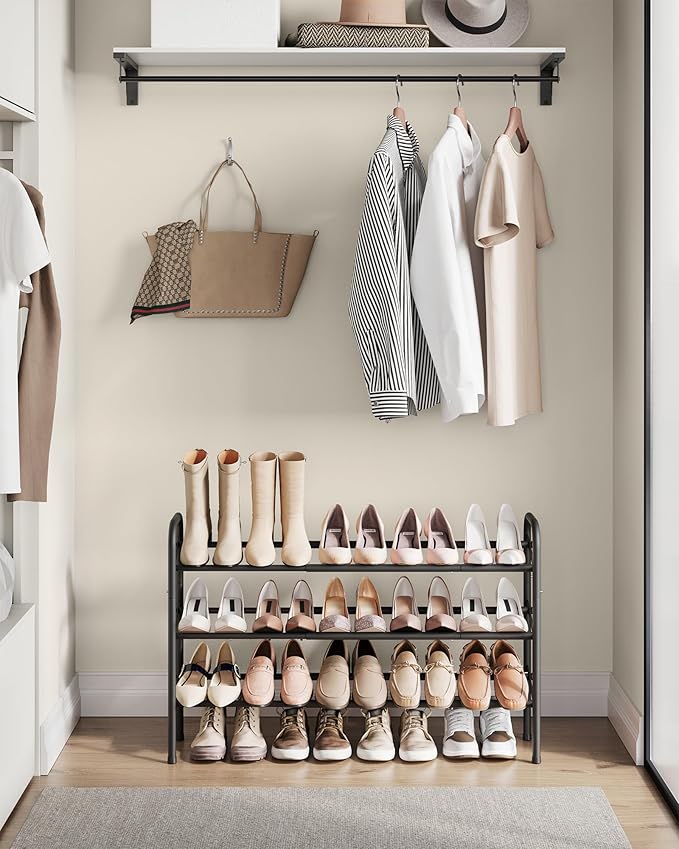 SONGMICS Expandable Shoe Rack, 3 Tier Shoe Rack Shelf, Adjustable Shoe Organizer Storage for 20 Pairs of Shoes, Metal Free Standing Shoe Racks for Closet, Front Door Entryway, Easy Assembly, Ink Black