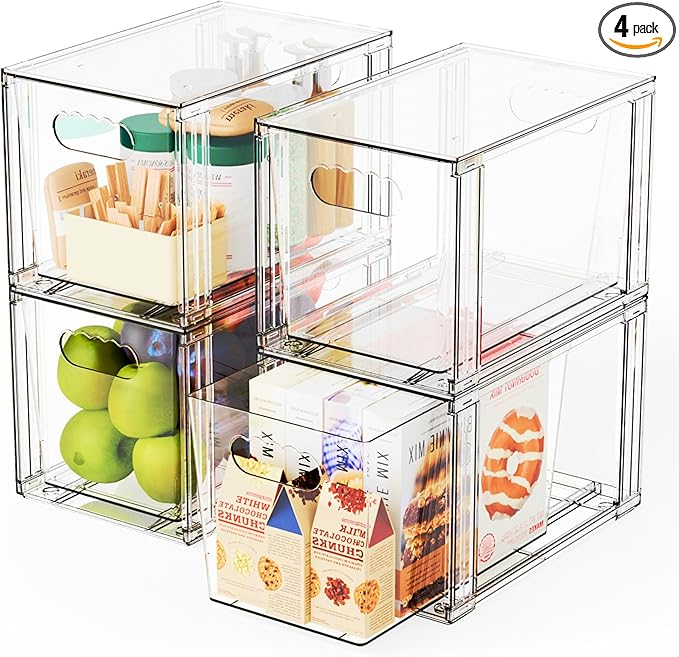 Yieach 4 Pack Large Stackable Storage Drawers,Clear Acrylic Drawer Organizers and Baby Bottle Organizer for Countertop,Cabinet,Bathroom,Pantry,Office Closet Organizers and Brightroom Storage Bins
