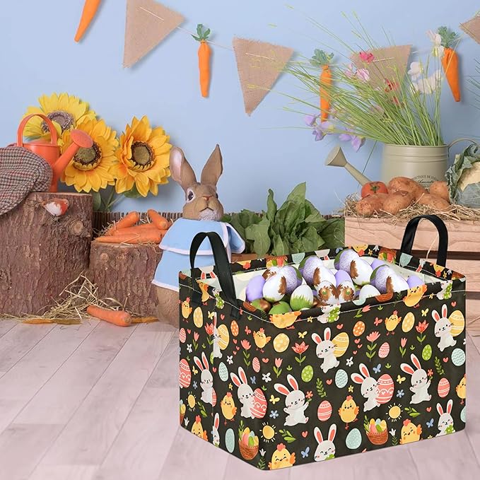 Easter Storage Basket Eggs Bunny Flower Gifts Cube Waterproof Storage Bins Organizer,Foldable Closet Shelf Baskets with handles for Women,Nursery Hamper Toys Box,Room Decorations