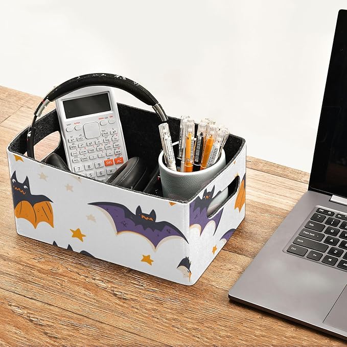 White Black Halloween Bats and Stars Closet Storage Bins 2 Pcs Felt Open Home Storage Containers Organizer with Handles Collapsible Shelf Basket for Home Office Craft Room Classroom Fabric