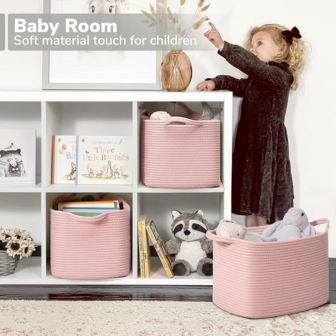 Goodpick Pink Storage Baskets for Organizing, Woven Rope Baskets for Shelves, Baby Basket for Nursery, Toy Storage Bins, Decorative Empty Gift Basket, 13" x 10" x 9"